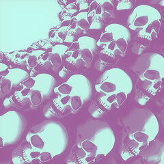 Wall of skulls in abstract style that open their mouths. Modern flat design background. 3d rendering illustration