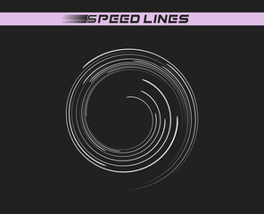Lines of speed, spiral, whirlpool. Swirling stripes, comic strip, spin. Vector object on a dark isolated background, template.