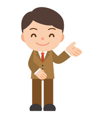 笑顔で案内するスーツを着た男性