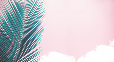 Surreal illustration with tropical plants, large palm leaves in blue and pink clouds, abstract...