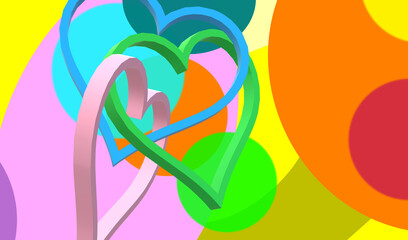 Three hearts. Cross effect on design elements. Cheerful geometric figures and flamboyant fund. Luscious colorful contrast. Card to COMMUNICATE LOVE, AFFECTION and PASSION. 