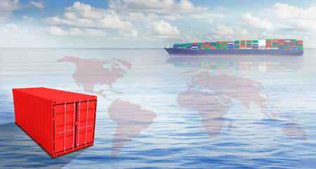 Container ship blue background at sea. Marine logistics and transport concept. Partly 3d rendering.