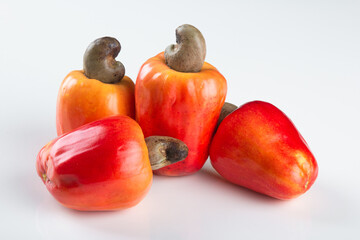 Fresh ripe cashew fruits isolated on white background.