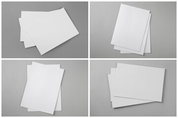 Open blank brochures on grey background, top view. Collage