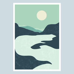 illustration vector mountains river moon wall art poster design 3