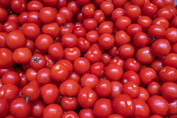 Obraz premium Close up view of tomatoes fruits on shelf of supermarket. Sweden. 