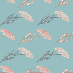 Pastel pink field flowers silhouettes seamless pattern. Blue background. Decorative nature print.