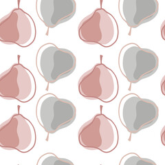 Pastel tones seamless pattern with blue and pink contoured abstract pears shapes. White isolated background.
