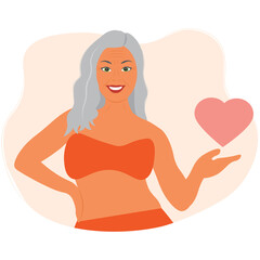 Self love - body positive. Happy elderly woman in lingerie.