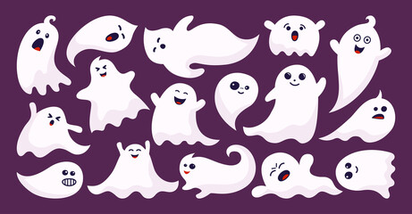 Ghost spook horror flat cartoon set. Halloween apparition simple cute and scary ghostly monsters. Funny cutes pooky character design. Fly phantom spirit festive element. Party celebrate vector