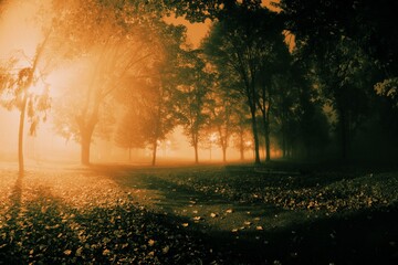 Central park in Krajisnik,covered with fog at night.