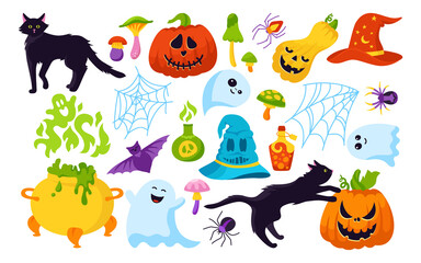 Halloween holiday comic horror cartoon set. Black cat, pumpkin, hat spider web symbolic flat design. Magic hag cauldron bat, toxic mushroom, wizard potion poison bottle. Vector illustration