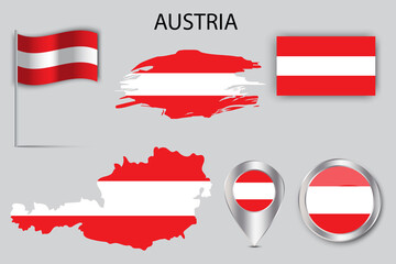 Austria flags pins map, great design for any purposes. Map pin icon. Vector illustration.