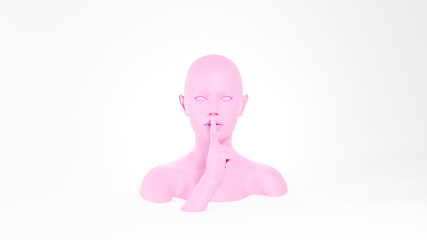 Shh gesture. Pink female mannequin showing hush sign. Secret concept. 3D rendered image. - obrazy, fototapety, plakaty