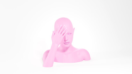 Pink female mannequin covering face by palms. Facepalm gesture. 3D rendered image.