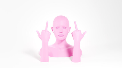 Pink female mannequin showing fuck you gesture. Aggression concept. 3D rendered image. - obrazy, fototapety, plakaty