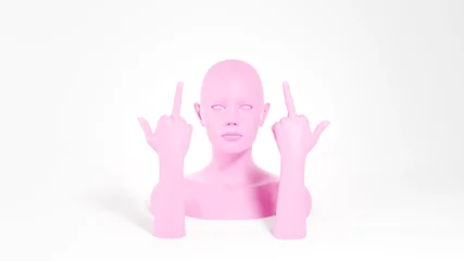 Foto op Canvas Pink female mannequin showing fuck you gesture. Aggression concept. 3D rendered image. © Vitaly