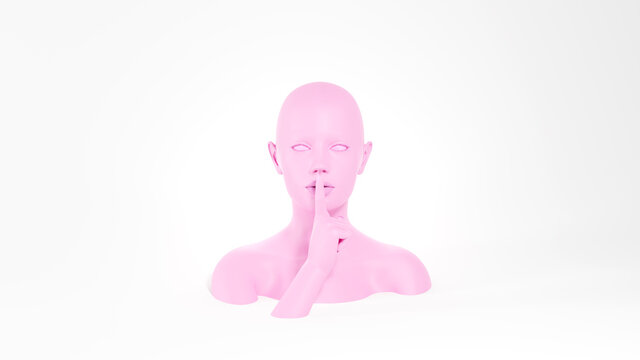 Shh gesture. Pink female mannequin showing hush sign. Secret concept. 3D rendered image.