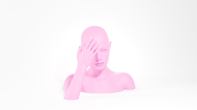 Pink female mannequin covering face by palms. Facepalm gesture. 3D rendered image.