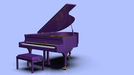 Purple-Gold Grand Piano under sky blue background. 3D illustration. 3D high quality rendering. 3D CG.