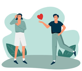 A young man gives a big heart to a young woman with love, Love concept of couple, Vector Illustration cartoon doodles style