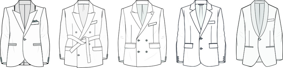 flat sketch set of men's blazer suit jacket vector illustration, flat technical drawing, isolated on white background. - obrazy, fototapety, plakaty