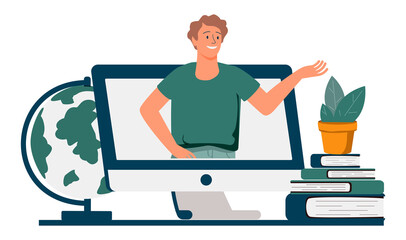 Male teacher conduct lessons online for school pupils or university students. Video course, web seminar, internet class, personal teacher service for individual distant home self education