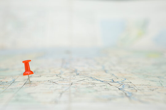 Selective Focus Of Red Pin  On Map Background