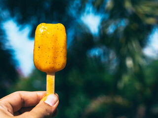 Yellow melt popsicle in hand on green tropical nature background, melting, summertimes with copy...