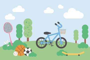 Fototapeta premium Bike and sports balls, badminton racket and shuttlecock on park background. flat design style minimal vector illustration.