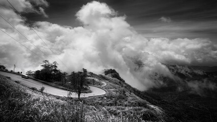 Black and white Misty morning sunrise in the mountain at Doi Ang-khang mountain, chiangmai : thailand
