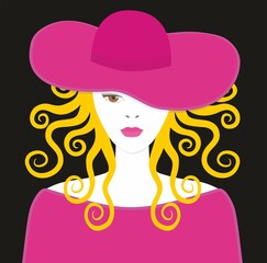 Cool girl with big pink hat and curly blond hair. Vector illustration. EPS10.