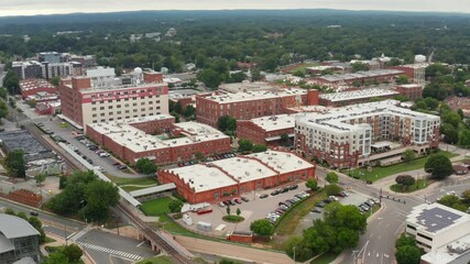 Downtown Durham North Carolina in summer evening. Research Triangle businesses in Raleigh Durham Chapel Hill metro district.