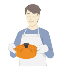 A man in blue clothes cooking home