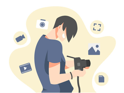 a female photographer holding a camera smiling. flat vector illustration with camera icon background, gallery, photography etc. for the theme of hobbies, photography etc.