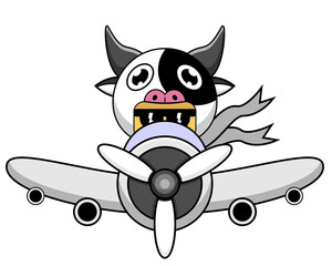Cow animal costume mascot vector cartoon character riding an airplane