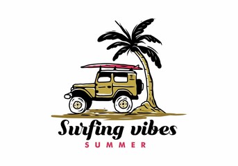 Illustration drawing of off road car with surfing board on the beach © Adipra