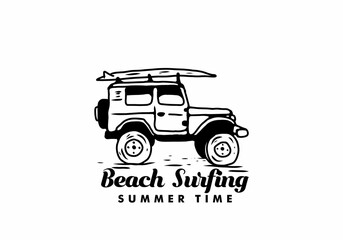 Obraz premium Black illustration drawing of off road car and surfing board