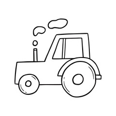 Hand drawn farm tractor. Doodle sketch style. Drawing line simple tractor icon. Isolated vector illustration. ..