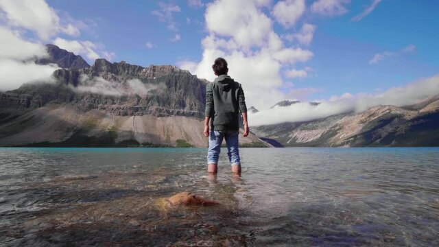 The traveler enjoying great nature at Bow Lake in AL Canada