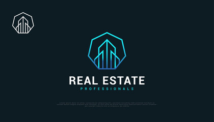 Blue Futuristic Real Estate Logo Design with Line Style. Construction, Architecture or Building Logo Design