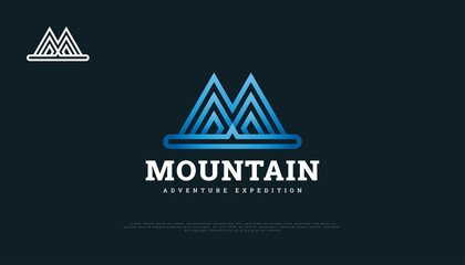 Blue Mountain Logo Design with Initial Letter M. Hill Logo for Adventure, Travel or Tourism Industry
