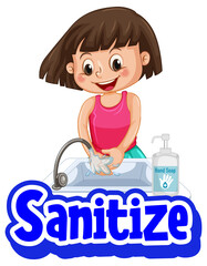Sanitize font in cartoon style with a girl washing hands on white background