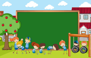 Empty blackboard in park scene with many kids doodle cartoon character