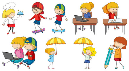 Set of different doodle kids cartoon character isolated