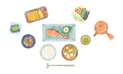 日本の朝食（和食）手描き水彩風イラスト