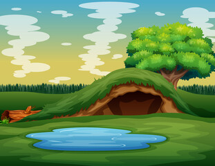 Empty underground animal hole in the green nature illustration