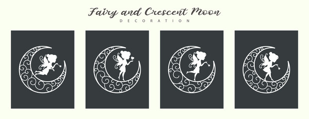 Set of fairy and crescent moon illustration  - obrazy, fototapety, plakaty