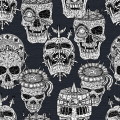 Seamless pattern with evil skulls on black backround.