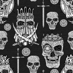 Seamless pattern with evil skulls of kings and swords.